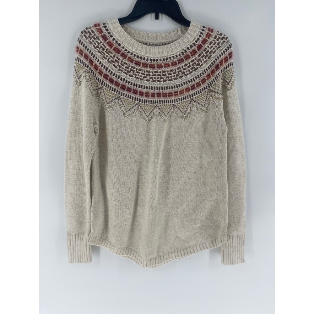 LOFT Cream Crewneck Sweater with Red and Brown Yoke